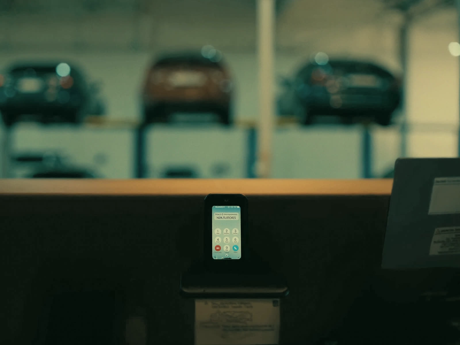 An auto shop service counter with a phone glowing with an incoming call, nobody there to answer it.
