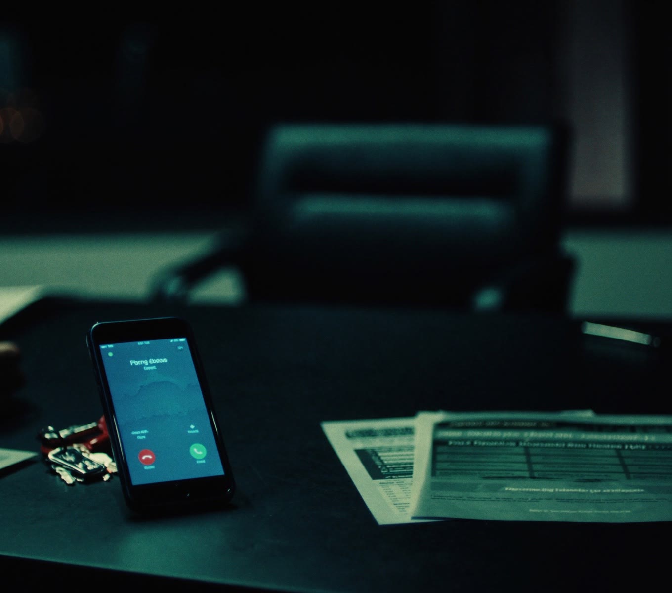 A phone glows with a missed call on an empty real estate desk at night, listing flyers and keys beside it.