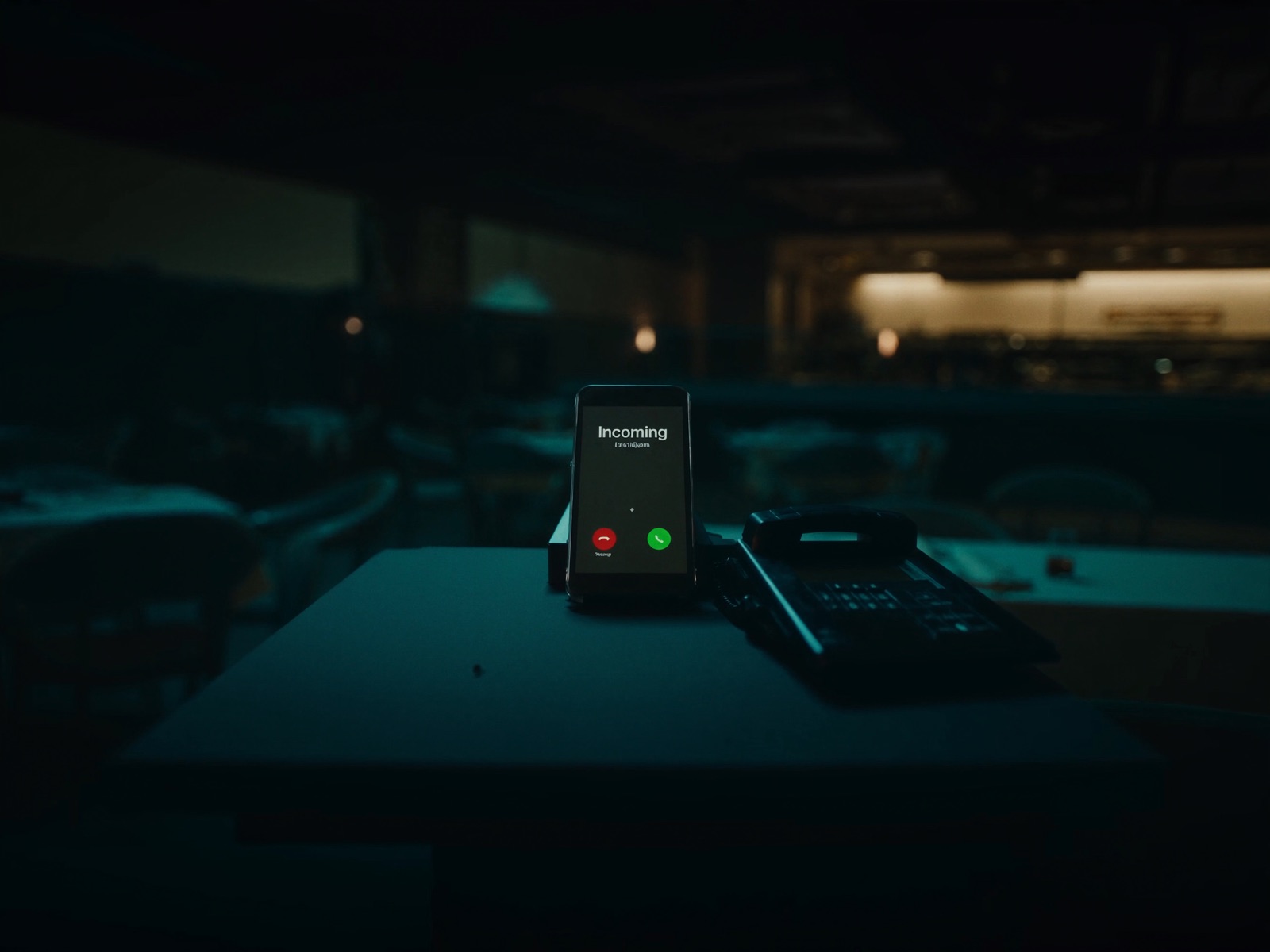 An empty restaurant host stand at night, a phone glowing with an incoming call and nobody there to answer it.