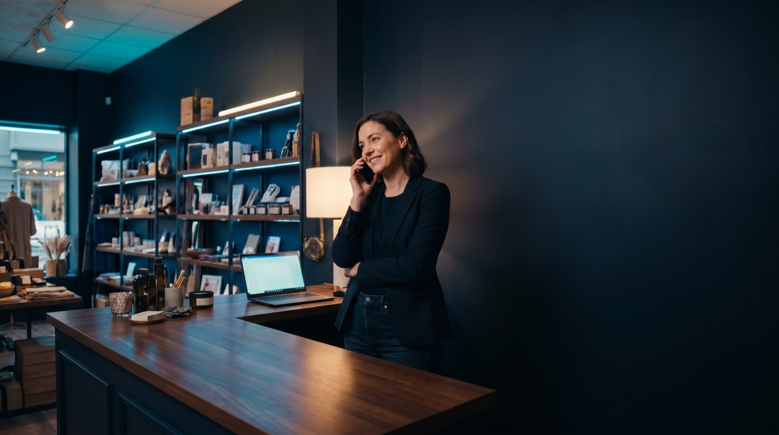 A boutique owner takes a call at her front counter with a calm smile while her shop runs behind her.
