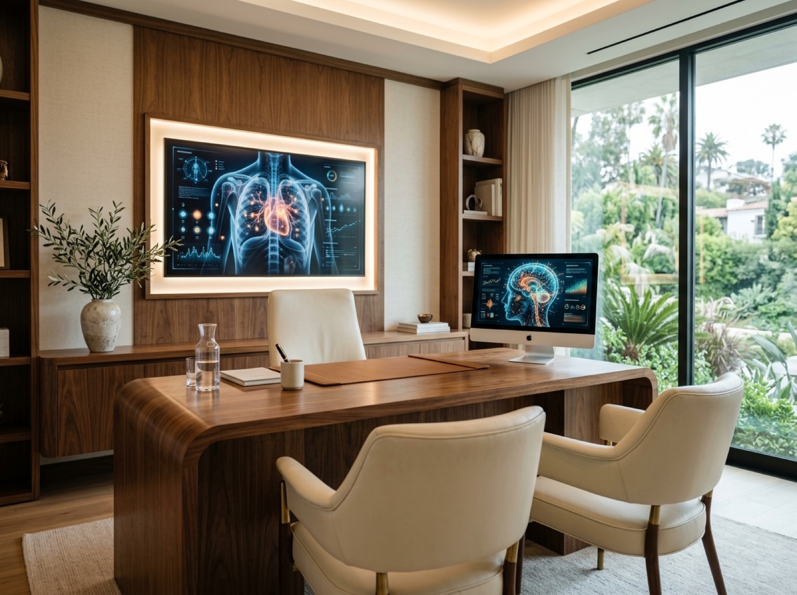 Private consultation room with walnut desk and soft warm lighting