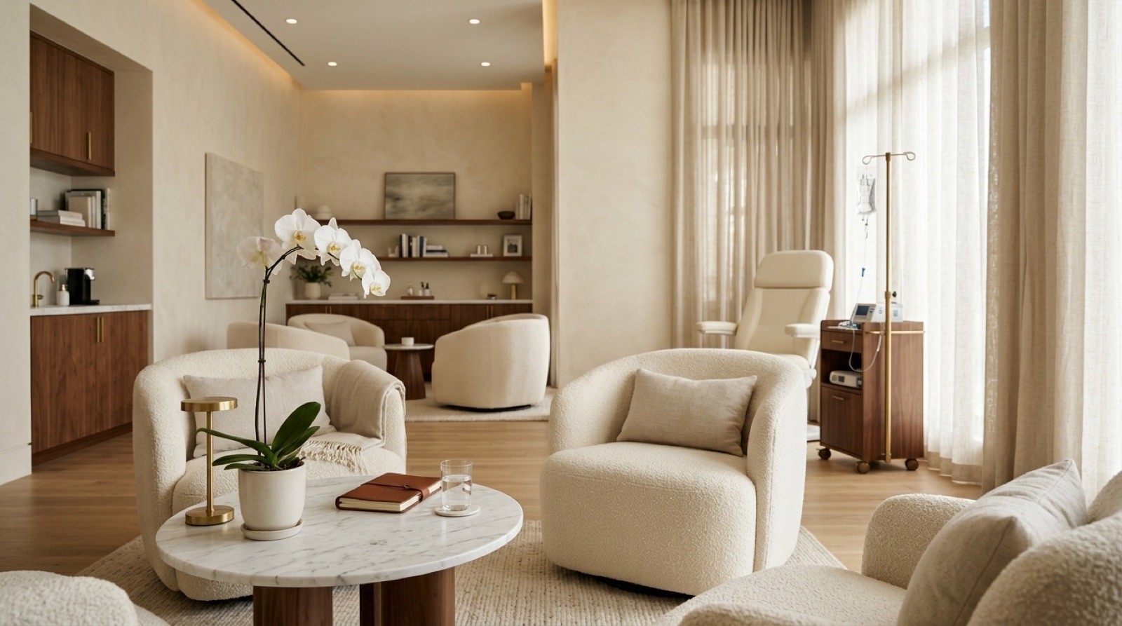 The Meridian Health lounge, warm ivory interior with soft afternoon light