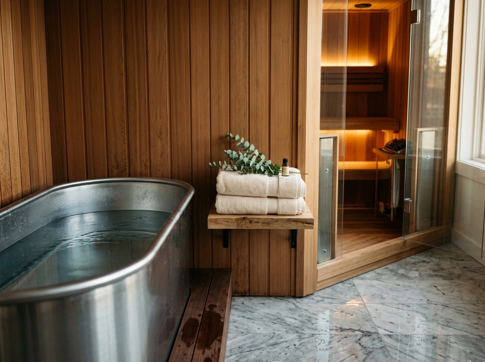 Recovery suite with cold plunge and infrared sauna in warm wood